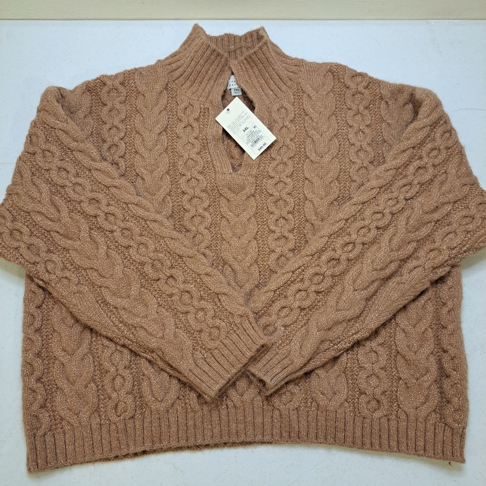 A New Day Womens Sweater XXL Brown NWT Cable Knit Split Neck 1888-320